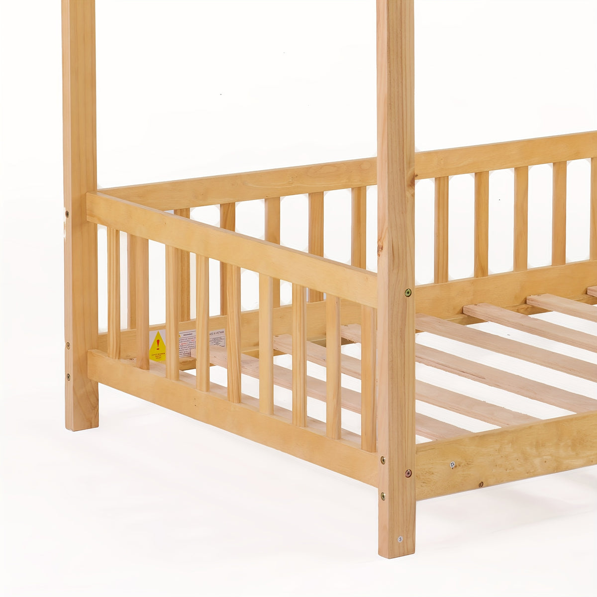 SOGES Wood Montessori House Bed Frame – Low Floor Bed With Fence & Guardrails, Bed Frame With House Roof Canopy, Decoratable Playhouse Bed, No Box Spring Needed
