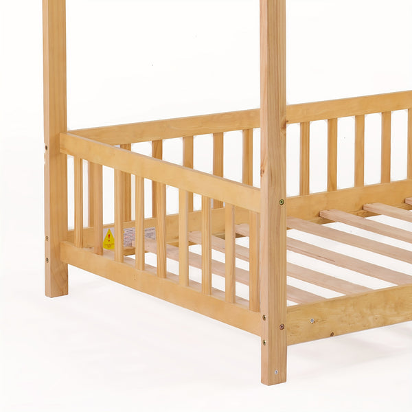SOGES Wood Montessori House Bed Frame – Low Floor Bed With Fence & Guardrails, Bed Frame With House Roof Canopy, Decoratable Playhouse Bed, No Box Spring Needed