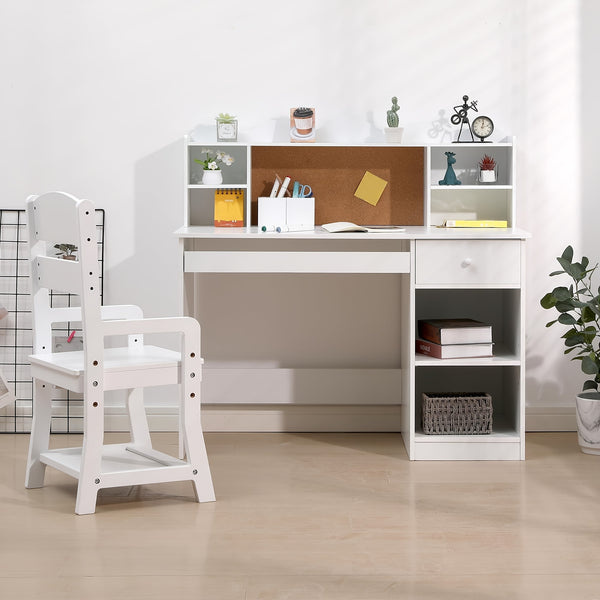 Kids Desk And Chair Set, Wooden Study Table with Storage Shelf, Bulletin Board, Keyboard Stand And Pen Holder