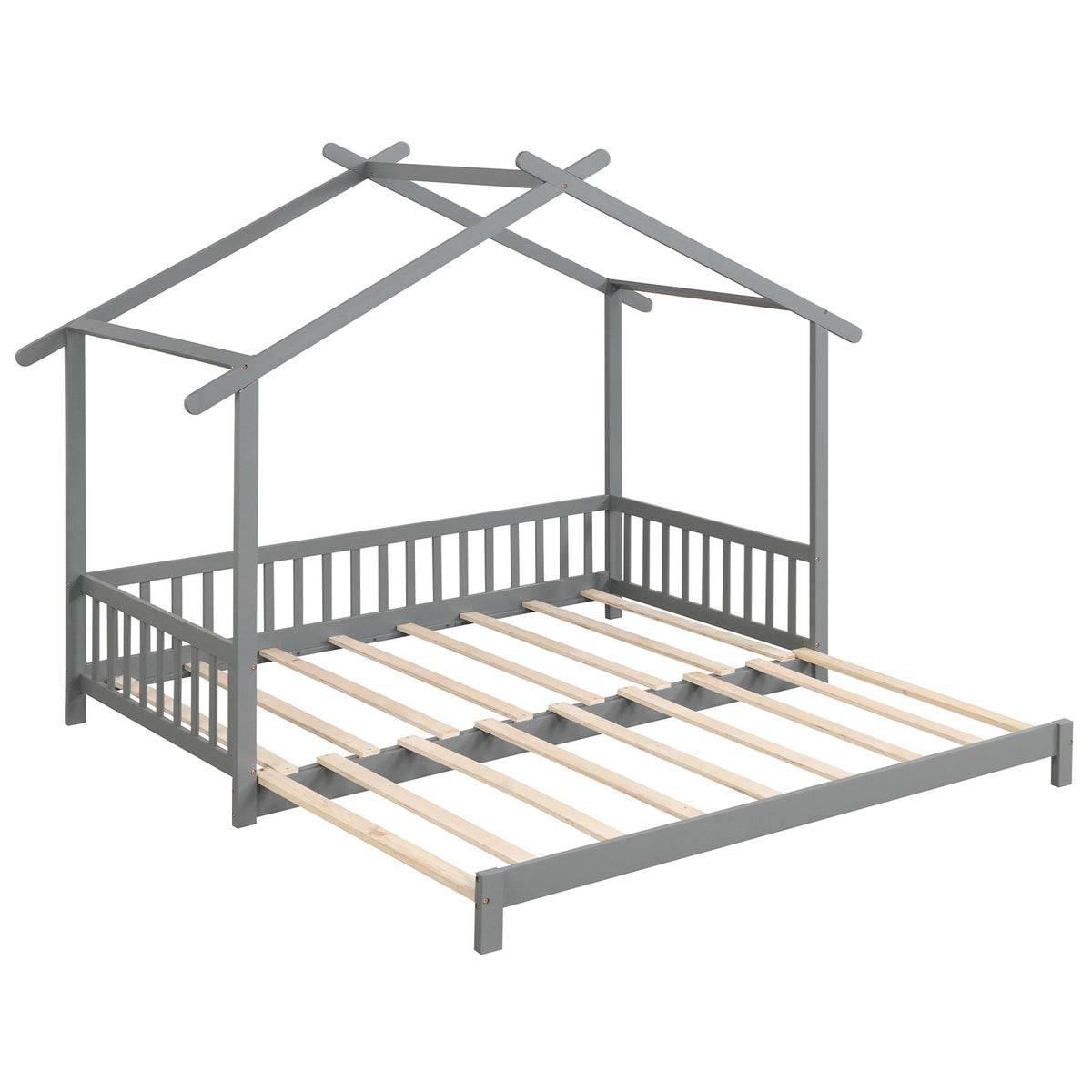 COSTWAY Adjustable Kids Bed Frame, Classic Style Wooden Daybed with Roof and Side Rails, Extendable from Twin to King Size, Hardwood and Wood-Based Panel Construction, with No Box Spring Required for Children 6-12 Years Old