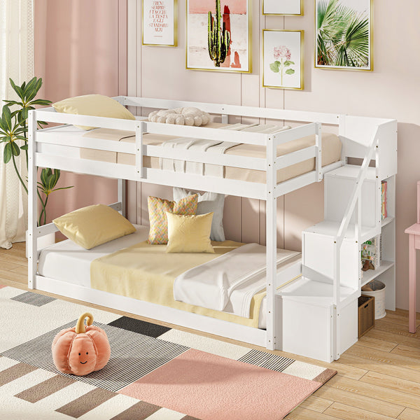 1pc COSTWAY Contemporary Twin Over Twin Low Bunk Bed with Storage Stairs - Solid Hardwood Frame with Particle Board, Full-length Guardrails, Slats Support for Kids, Teens, Adults - No Electricity Needed, White