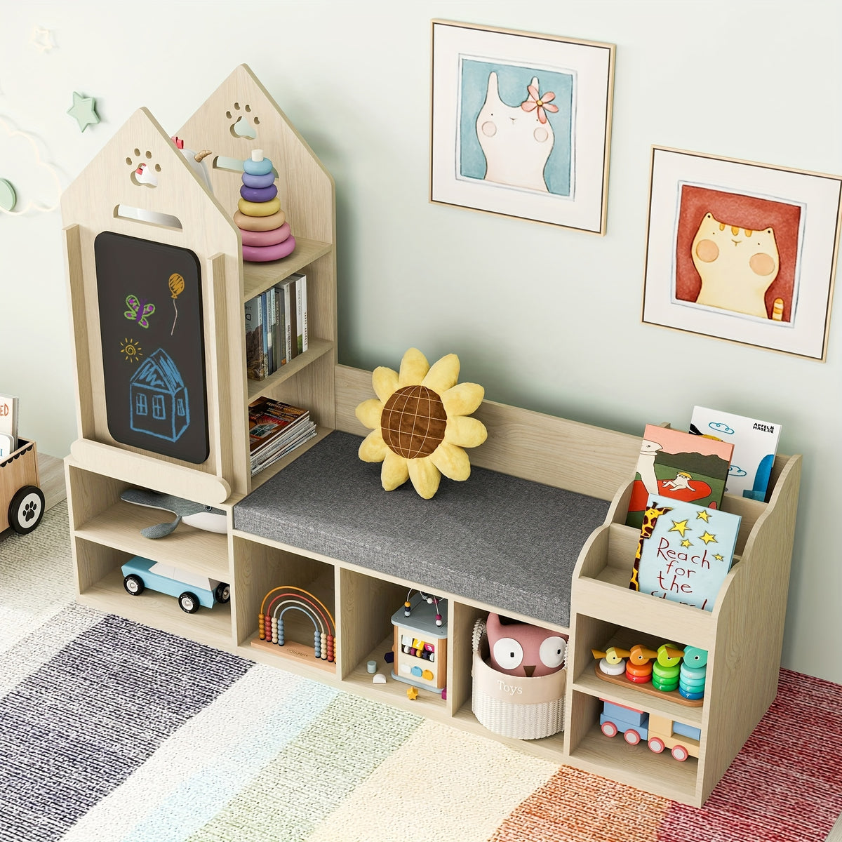 Kids Bookshelf With Cozy Reading Corner, Wooden Toy Organizer With Bench And Chalkboard, Toy Storage For Bedroom, Nursery, Or Playroom, Natural Oak Finish