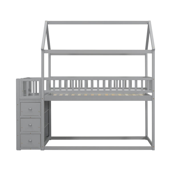 HOUSE BUNK BED WITH SHELVES AND DRAWERS FOR GREY COLOR