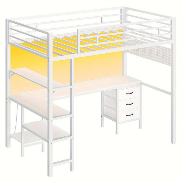 Loft Bed with L-Shaped Desk, Twin Size Bed with LED Lights and Charging Station, Twin Metal Loft Bed Frame with Drawers and Shelve, 13.4\