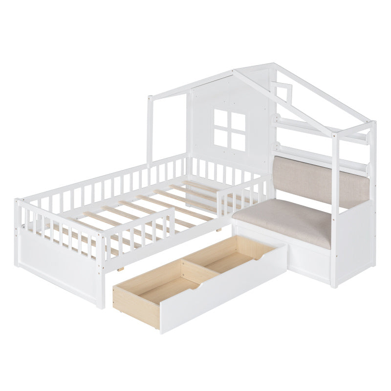 Twin Size House Bed with Sofa Platform Bed with Two Storage Drawers & Built-In Shelf - White Contemporary 'ouse-Shaped Bed Frame with Sturdy MDF\u002FPlywood Construction, Space-Saving Design for Small Rooms, Easy Assembly, 250lb Weight Capacity - Ideal