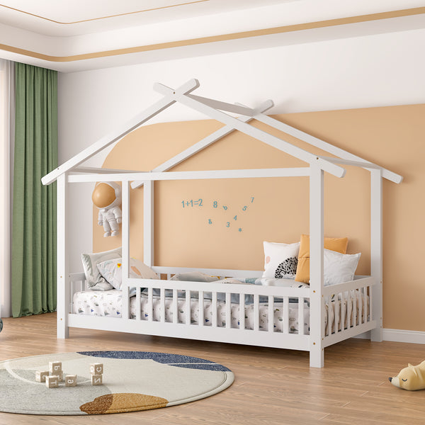 SOGES Wood Montessori House Bed Frame – Low Floor Bed With Fence & Guardrails, Bed Frame With House Roof Canopy, Decoratable Playhouse Bed, No Box Spring Needed