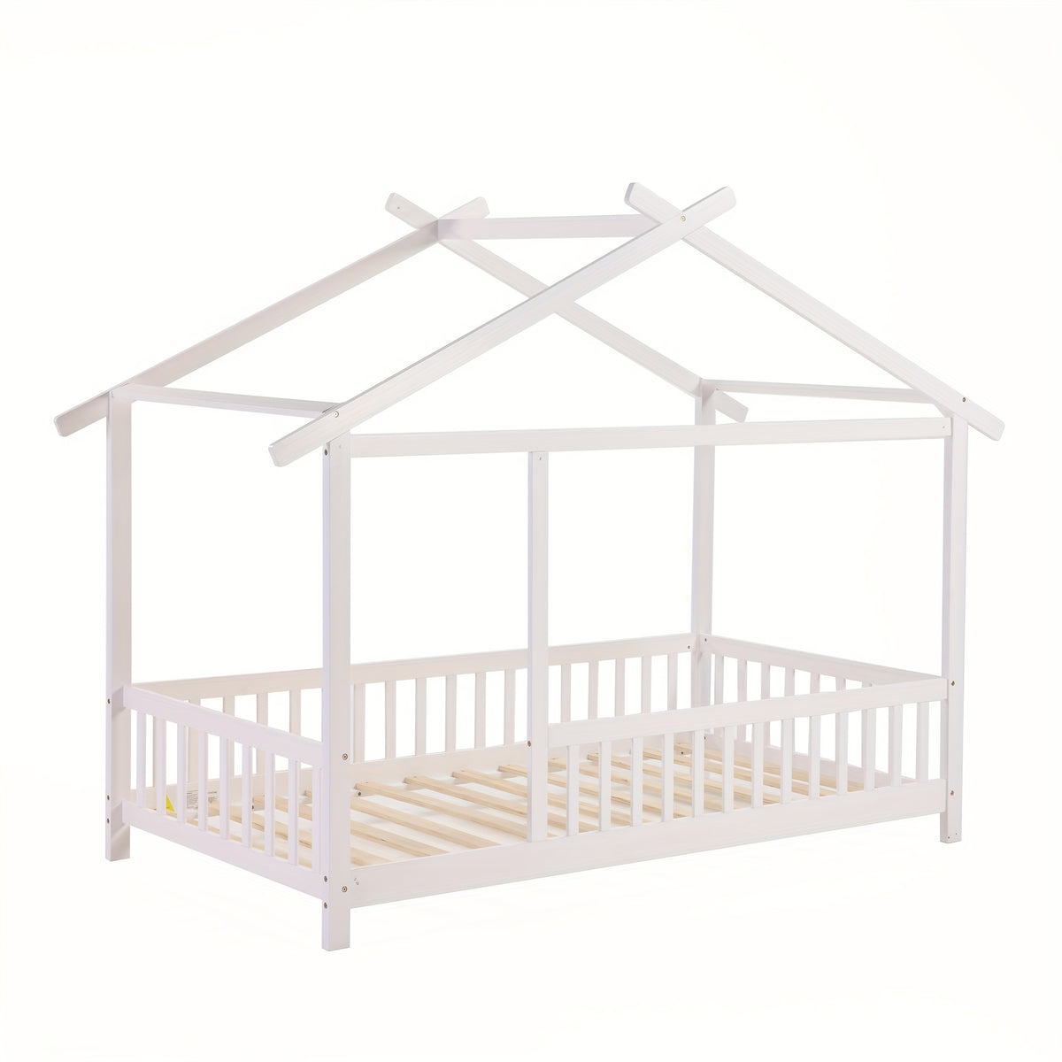 SOGES Wood Montessori House Bed Frame – Low Floor Bed With Fence & Guardrails, Bed Frame With House Roof Canopy, Decoratable Playhouse Bed, No Box Spring Needed