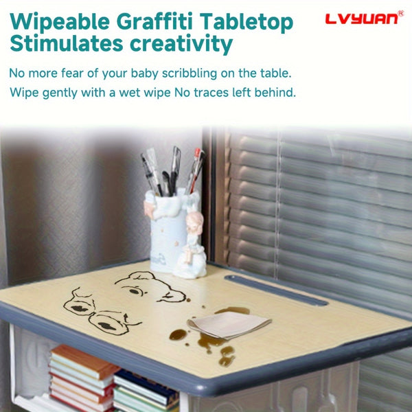 1 Set Classic Adjustable Height Youngsters Desk and Chair, Ergonomic Metal Study Table with Utility Drawer, Floor Mounted School Furniture for Youngsters Aged 3-18 Years, Ideal Christmas Gift