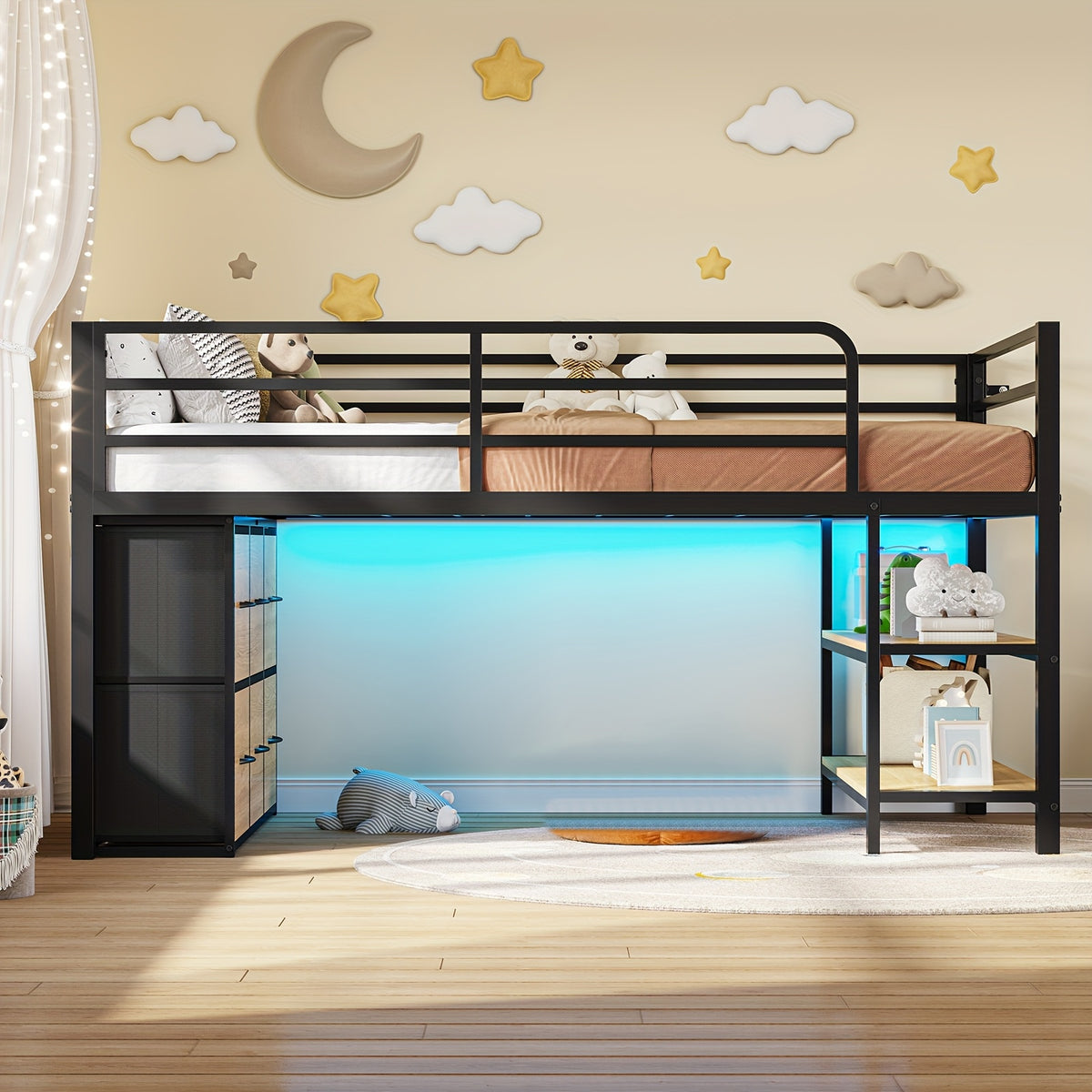Storage Loft Bed With LED Metal Twin Loft Bed With 6 Storage Drawers & Open Shelves | LED Lights, 15\