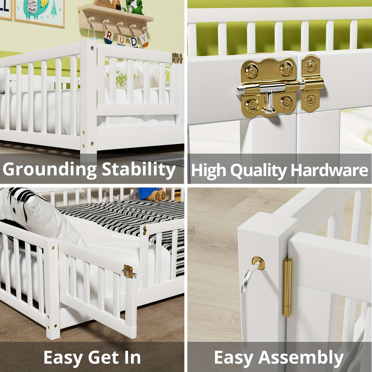 Kids' Double\u002FFull\u002FQueen Bed Frame, Solid Wood with Reinforced Horizontal Bars, High-Safety Safety Rail and Fun Small Door Design, Durable Bed Suitable for Girls and Boys, Helps Develop Independence, Easy to Assemble