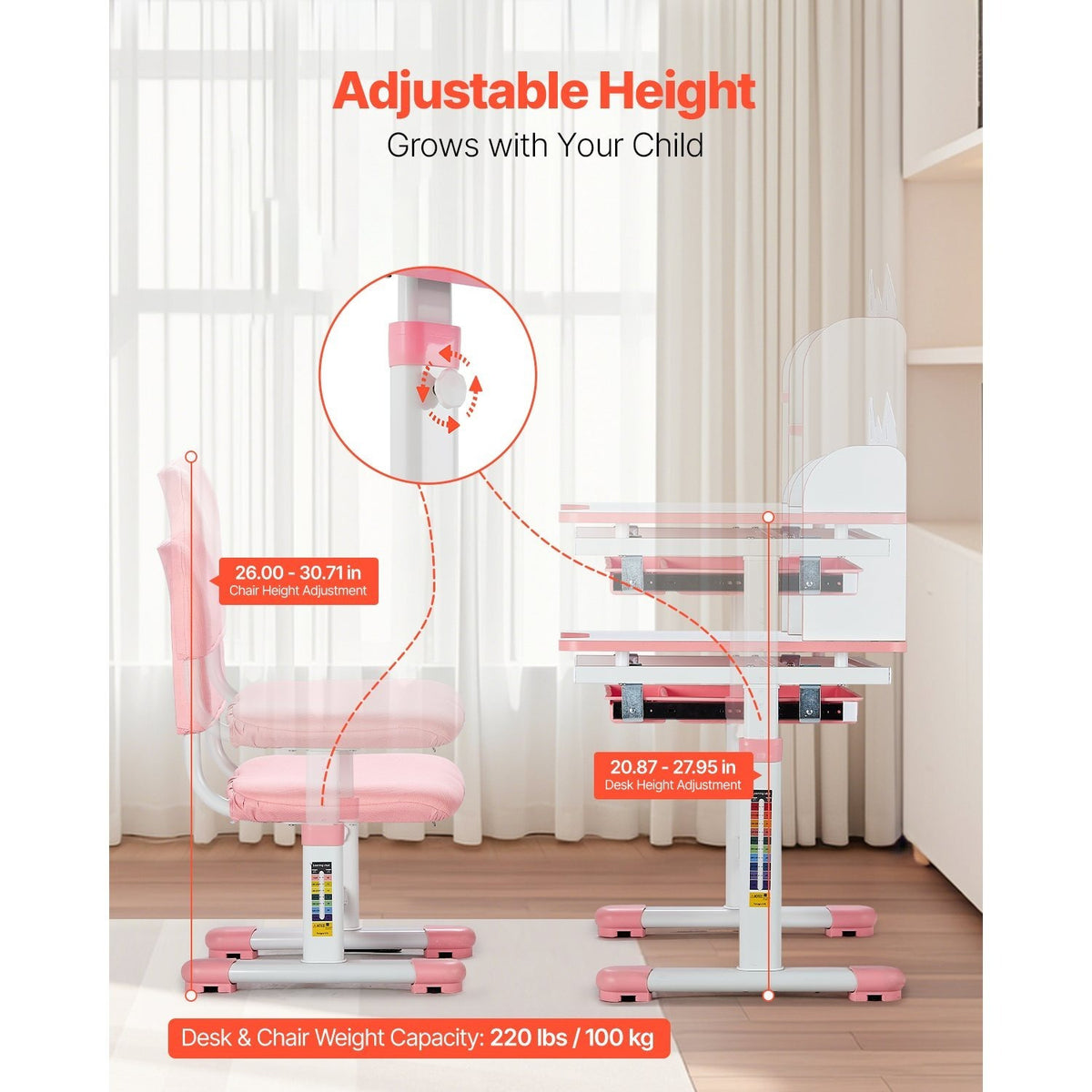 VEVOR Kids Study Chair and Desk Set, Study Desk and Chair for Kids with Bookshelf and Storage Drawer, Adjustable Height Kids Study Desk with Chair, Children Study Table for Bedroom & Study Room, Pink\u002Fblue 20.5-40.34inch\u002F20.5-43.5inch