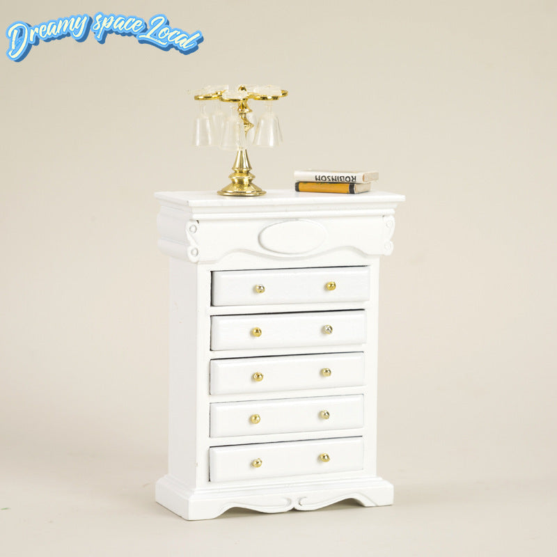 Miniature Dollhouse Furniture Durable Birch Miniature Dollhouse Furniture - 5-Drawer Storage Cabinet with Golden Handles, Retro Bedside Table, White & Golden Accents