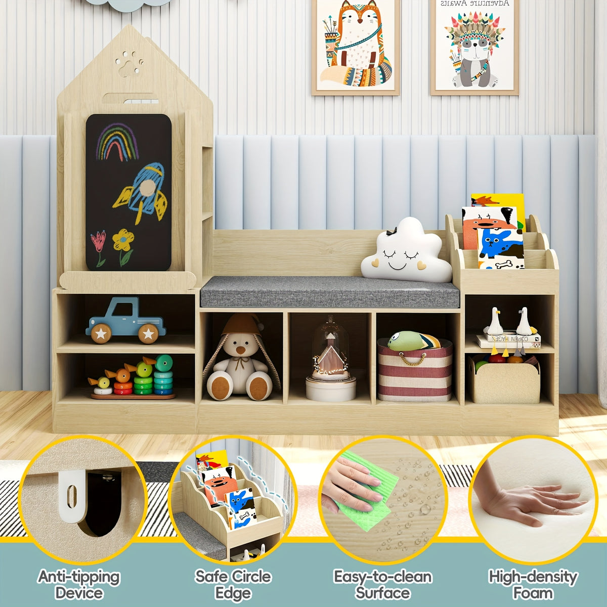 Kids Bookshelf With Cozy Reading Corner, Wooden Toy Organizer With Bench And Chalkboard, Toy Storage For Bedroom, Nursery, Or Playroom, Natural Oak Finish