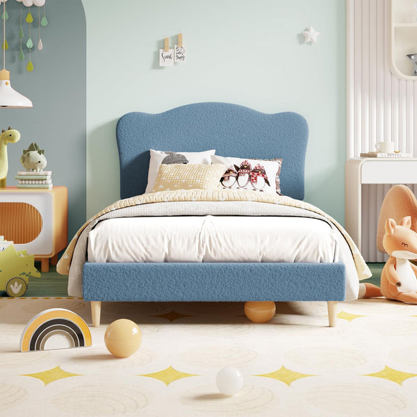 Upholstered Full Size Bed Frame for Kids, Cute Velvet Full Bed with Scallop Headboard, for Girls, Boys, Wooden Slats Support, Quick Assemply, Wooden Slats, Noise Free, Blue, Bed frame, suitable for the bedroom, cozy, as a gift, Bed for