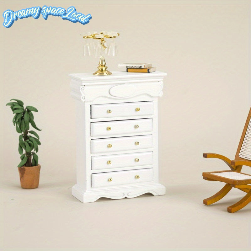 Miniature Dollhouse Furniture Durable Birch Miniature Dollhouse Furniture - 5-Drawer Storage Cabinet with Golden Handles, Retro Bedside Table, White & Golden Accents