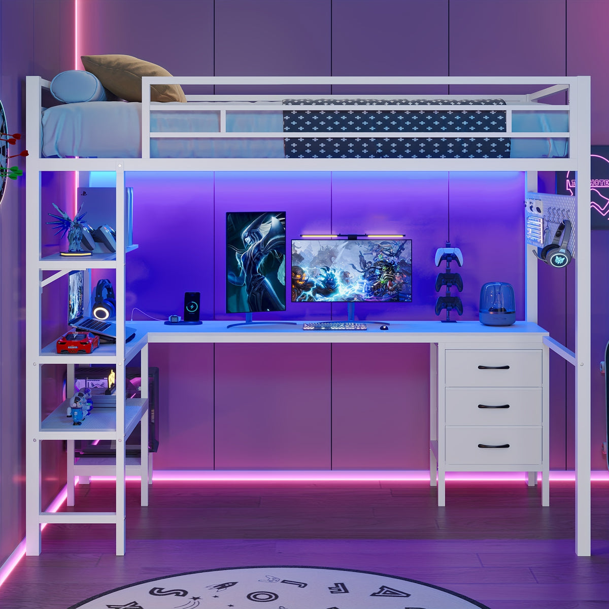 Loft Bed with L-Shaped Desk, Twin Size Bed with LED Lights and Charging Station, Twin Metal Loft Bed Frame with Drawers and Shelve, 13.4\